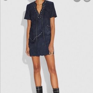 Pieced suede dress with studs and fringe